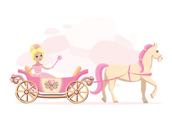 A beautiful princess in a pink carriage decorated with heart-shaped jewels and drawn by a white horse with a pink mane. Fairy tale vector illustration on abstract pink background. - 777579305