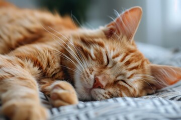 Close-up image of an adorable orange tabby cat sleeping peacefully on a soft and textured blanket