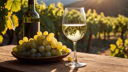 The celebration of International Albarino Day. A glass of white dry wine stands on a wooden table against the backdrop of a grape plantation. Pleasant sunshine. Empty space. Sober curious. Startup.