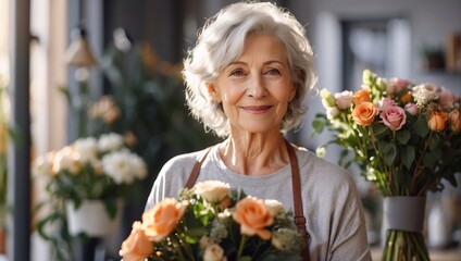 An elderly woman florist with gray hair is happy to collect a stylish modern bouquet in her flower shop salon. Sunny day, windows. Hobby. Small business. Sincere emotions. Wellbeing, self care.