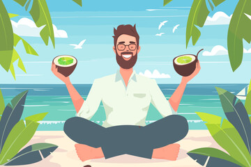 Delighted businessman embraces the freedom of remote work, enjoying the flexibility to work from anywhere, even a beautiful beach with a refreshing coconut drink - obrazy, fototapety, plakaty
