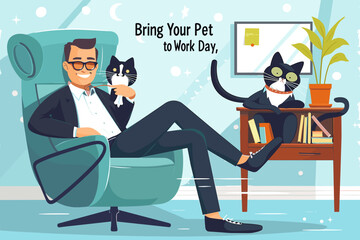 Delighted businessman enjoys the company of his feline friend at the office during "Bring Your Pet to Work Day," an initiative designed to boost morale and reduce stress