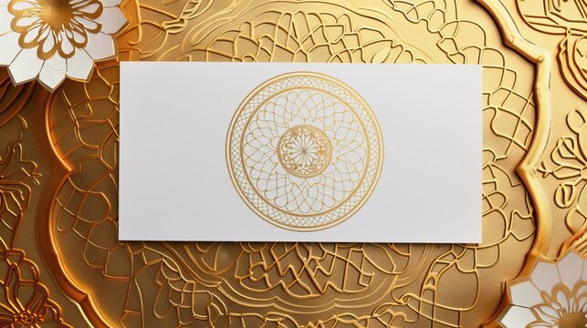 An elegant white and gold invitation card with intricate mandala designs