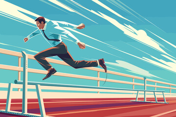 Fototapeta na wymiar Determined businessman leaps over a hurdle on a race track, overcoming obstacles and challenges on the path to success, a concept of perseverance in business