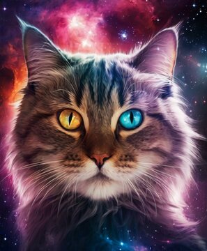 This artwork depicts a striking grey tabby cat, with one eye gold and the other blue, against a starry cosmos. It blurs the lines between reality and fantasy, creating a captivating image of natural