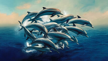 An expansive view of a pod of dolphins swimming gracefully in the ocean - obrazy, fototapety, plakaty