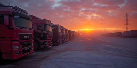 Parked trucks in front of bright sunrise,  truck stop on rest area on the highway car parking lot 