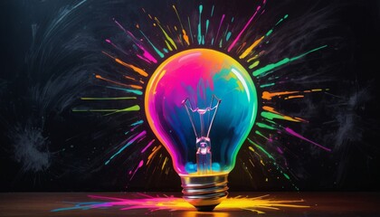 A creative depiction of an idea concept with a light bulb bursting with vibrant colors, symbolizing inspiration and innovation.