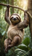 Fototapeta premium A sloth hangs leisurely from a tree branch, basking in a sunbeam filtering through the dense forest canopy. The creature AI generation