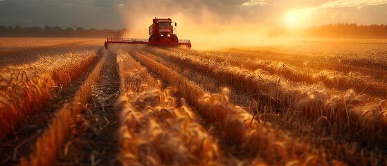 Fototapeta premium Unloading freshly harvested crops into container trailer in the afternoon sunlight. Concept Harvesting Crops, Farming Operations, Afternoon Sunlight, Container Trailer, Fresh Produce