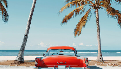 Classic red car parked by the shore, evoking nostalgia and summer vibes with its vintage charm against a backdrop of palm trees and ocean waves.