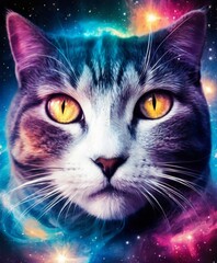 A tabby cat with golden eyes is superimposed on a cosmic tapestry, looking serene amid the chaos of the cosmos. Its striped fur echoes the streaks of stars, bridging the natural and the celestial. AI