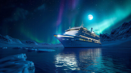 Luxury cruise ship in the middle of the sea with auroras