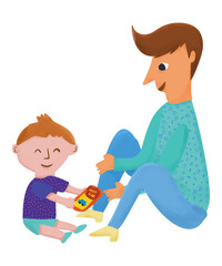 Father and son, Cartoon Character Illustration, sitting together playing with a toy box of toy cars, Vintage Classic Mid-Century Style Drawing Person For Fun