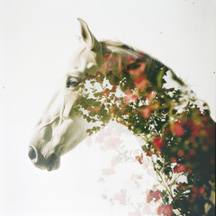 Flowers combined with a white horse using double exposure - 777581328