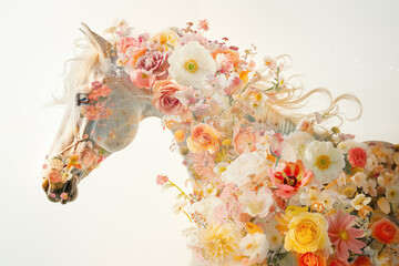 Bright delicate flowers on a white horse - 777581347