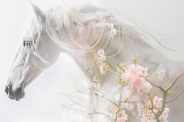 White horse with a flowing mane on a white background among flowering branches