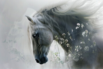 Gray horse with a snow-white flowing mane surrounded by wildflowers - obrazy, fototapety, plakaty
