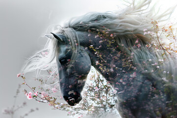 Gray horse with a snow-white flowing mane surrounded by wildflowers - 777581527