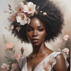 An ethereal floral portrait of a black woman in soft tones. Generative AI