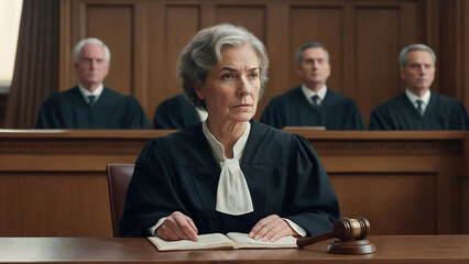 Elderly woman judge listens intently to courtroom proceedings - obrazy, fototapety, plakaty