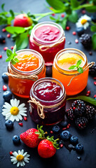 Homemade assortment of berries and fruits jams in jars. Summer harvest in sweet preserves, confitures or jams.