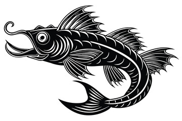 black and white dragon fish vector - obrazy, fototapety, plakaty
