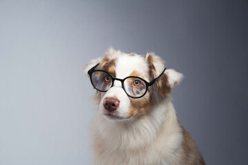 Australian Shepherd puppy with glasses on a white background