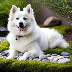 Cool American Eskimo Dog sitting beside a tranquil Zen garden with raked sand moss-covered stones and a peaceful ambiance