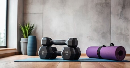 A neatly arranged home workout space, featuring a yoga mat and a set of dumbbells by a sunny window. This setup symbolizes a commitment to physical health and wellness. AI generation AI generation - obrazy, fototapety, plakaty