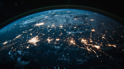 Technological background of the hologram planet Earth seen from space at night showing the lights of USA, with digital data stream. Connection structure digital communication