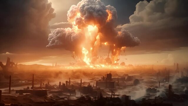 Video AI generate large explosion Concept of nuclear war, world war, civil war
