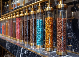 Array of candy dispensers showcasing vibrant candies in glass tubes at the forefront - obrazy, fototapety, plakaty