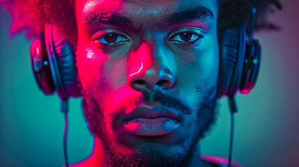 Modern portrait of Afro American man wearing headphones.