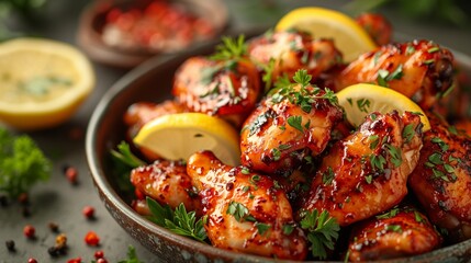 Tempting chicken wings adorned with zesty lemon and aromatic herbs, tantalizing the taste buds - obrazy, fototapety, plakaty