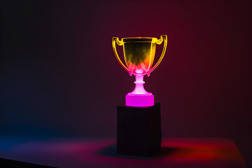 Neon silhouette of a glowing trophy cup isotated on black background.