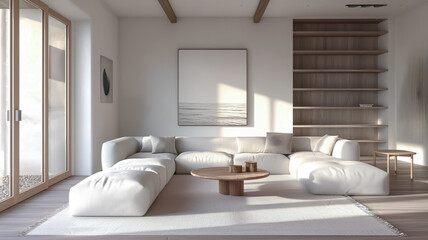 Fototapeta na wymiar Spacious living room with plush sofas and tranquil marine art.