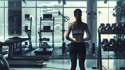 Fototapeta na wymiar Urban Fitness Endeavor: Female Training in Modern City Gym with Determination