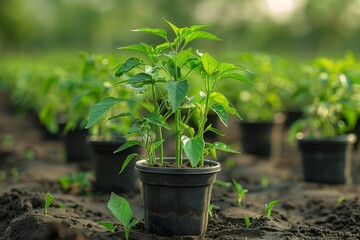 Sunlit garden pots nurture young pepper trees, promising a future harvest with abundant peppers