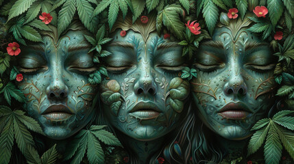 Three fantastic, surreal, psychedelic deities with herbal and floral motifs - obrazy, fototapety, plakaty