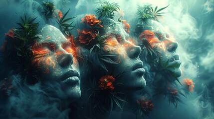 Three surreal portraits in clouds and smoke - obrazy, fototapety, plakaty