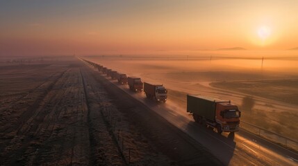 Aid convoy of trucks on a mission at dawn heading through a misty landscape - obrazy, fototapety, plakaty