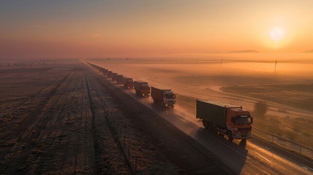 Fototapeta Aid convoy of trucks on a mission at dawn heading through a misty landscape