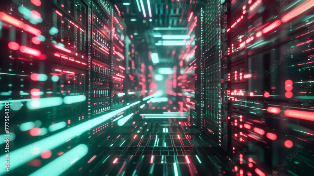 Poster network server room with computers for digital communications and internet, abstract data concept