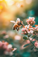 Bee flying over flowers in meadow, close up - obrazy, fototapety, plakaty