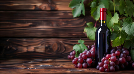 mockup red wine bottle and red grapes on wooden background with copy space