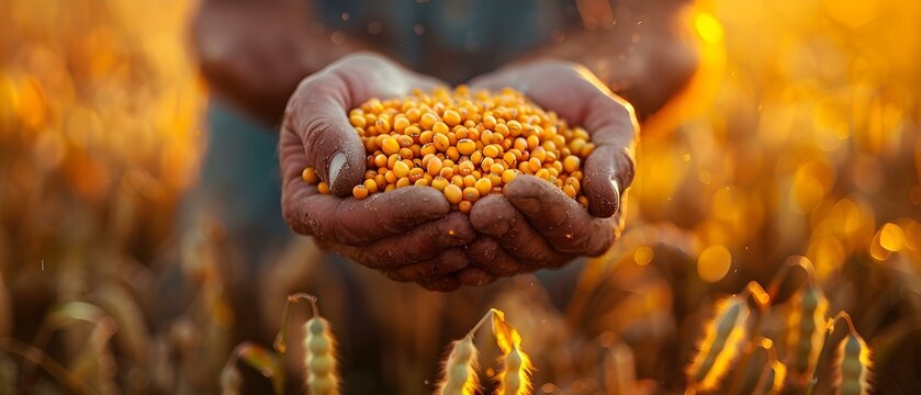 Farmers hands harvesting soybeans in a soybean farm with blurred background. Concept Agriculture, Soybean Farm, Harvesting, Farmers, Rural Life