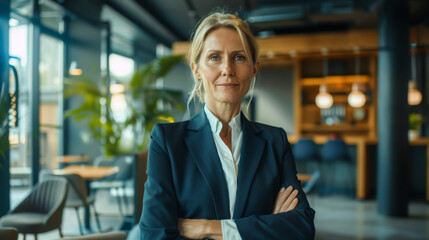 Portrait of a professional woman in a suit standing in a modern office. Mature business woman looking at the camera in a workplace meeting area