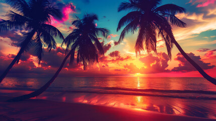 Palm trees silhouettes on tropical beach at vivid sunset time. sunset light. - obrazy, fototapety, plakaty