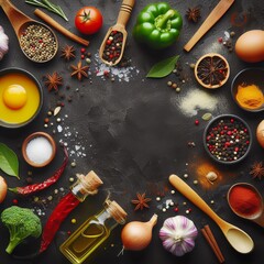 An array of vibrant culinary spices and fresh vegetables artfully arranged on a dark background. The composition showcases a blend of textures and colors, highlighting the diversity of ingredients in